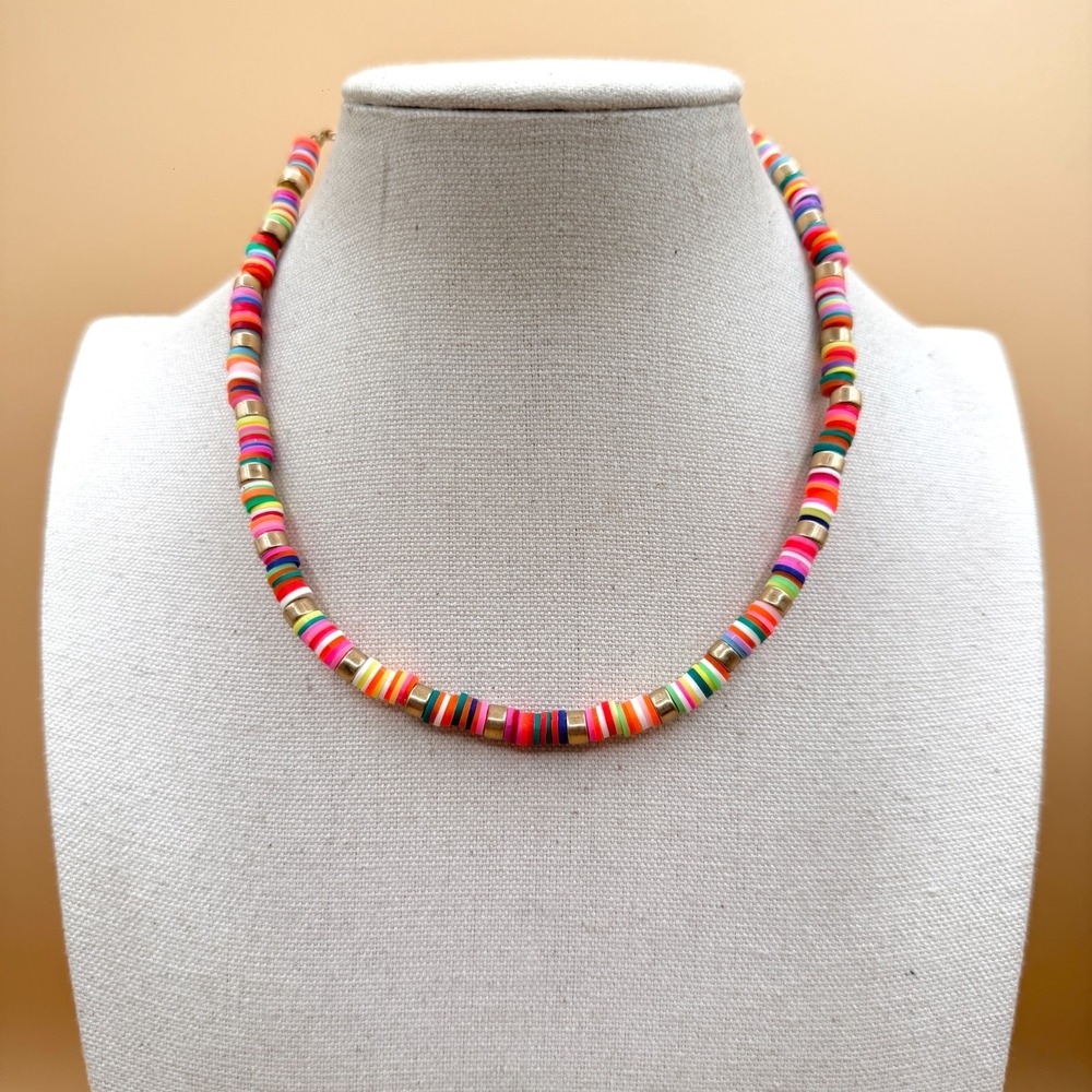 Rainbow Heishi Bead Necklace Gold Tone Spacer Colorful Boho Festival Y2K Choker